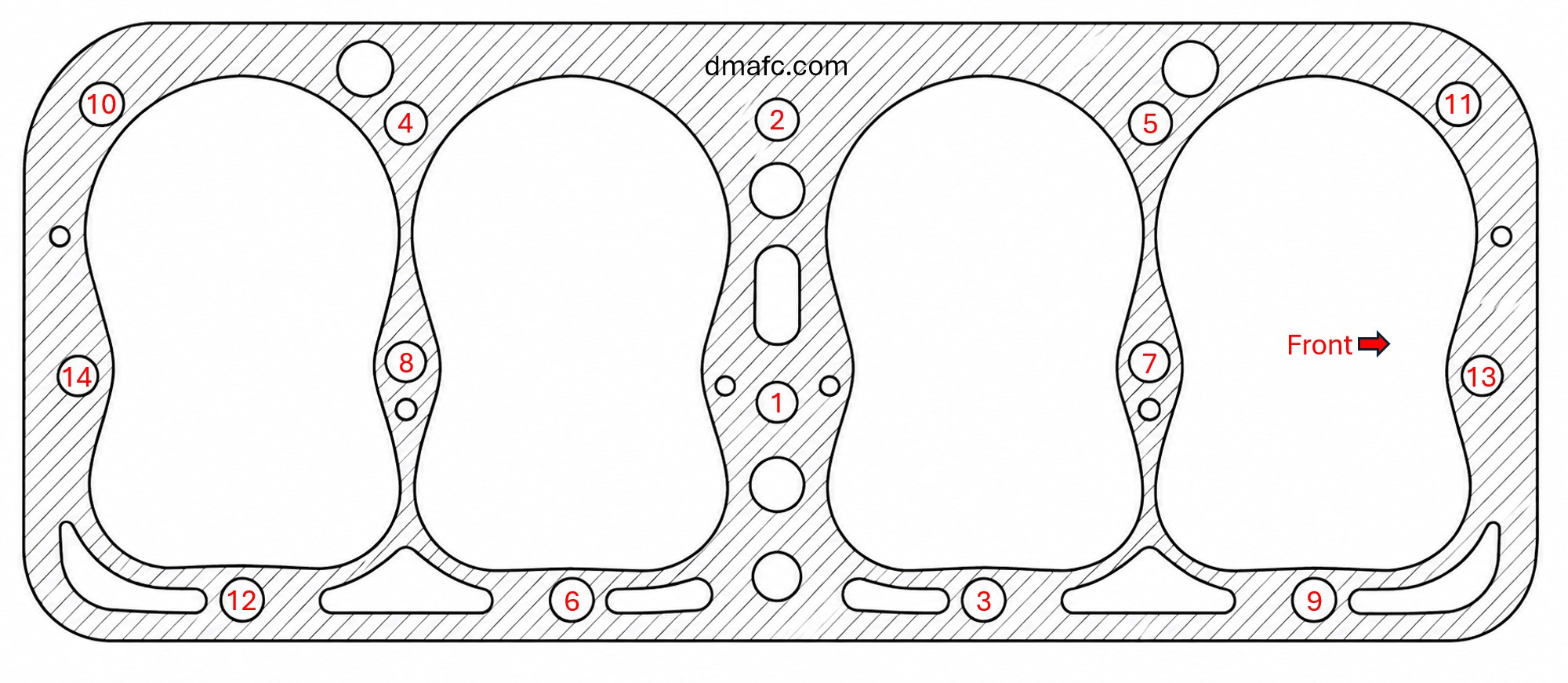 Model A Ford cylinder head nut tightening sequence numbered 1 through 14
